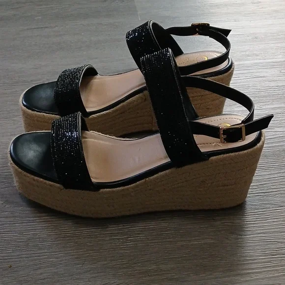 Comfort Est 1945 Black Jeweled Strap Espadrille Wedge Sandals Sz 8M NWT - Picture 5 of 12